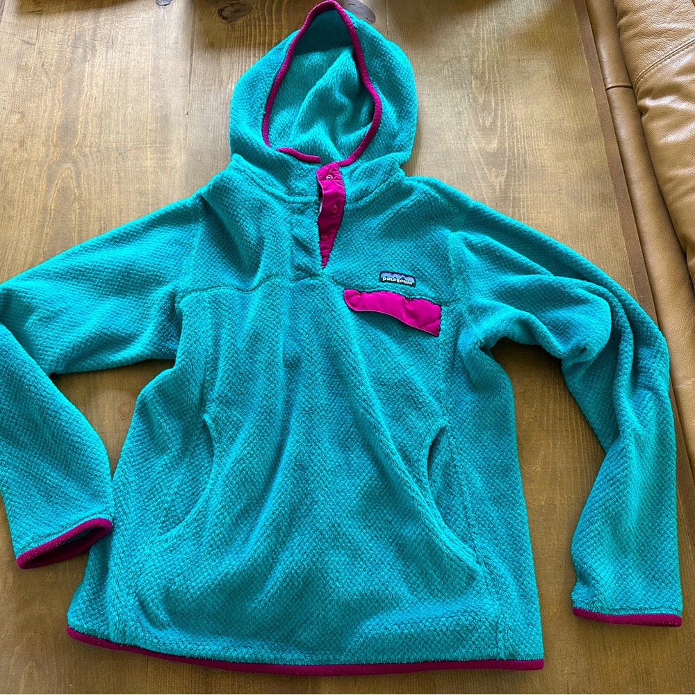 patagonia magenta and turquoise hoodie